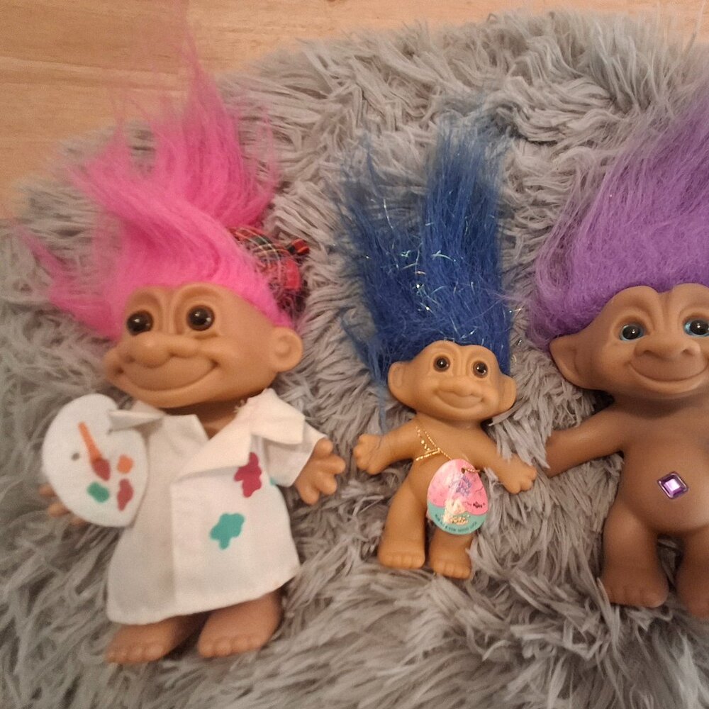 3 Vintage Trolls, Painter, Gem Treasure Troll, Sparkle Glitter Troll